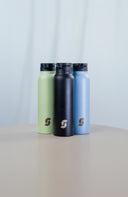 Three water bottles in green, black, and blue with a logo on a light gray background